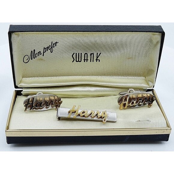 HARRY Name Vintage Cufflinks Tie Clip Bar Set Swank NOS Original Box 1950s - Picture 1 of 4